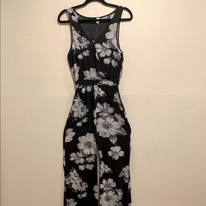 Black and gray floral long pant romper